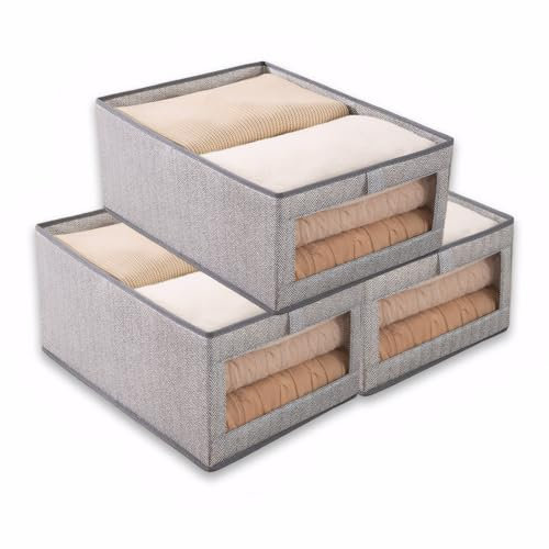 Kongming Grey Wardrobe Storage Organiser Set,Foldable Clothes Storage Boxes with Clear Window for Bedroom,Fabric Stackable Wardrobe Organiser for T-Shirts,Jeans,Underwear,Sweaters (Large-3 Pack)