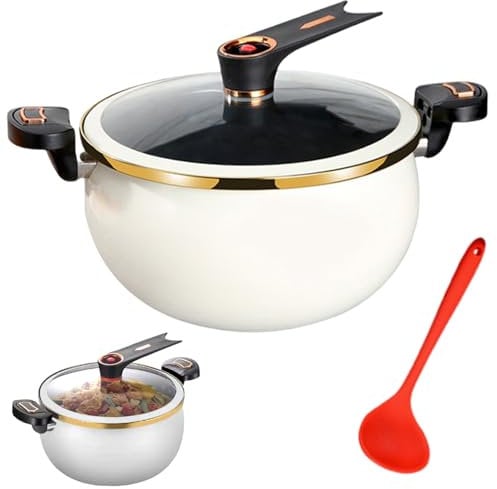 Mini Pressure Cooker, 8L Fast Heating Pressure Pot with Lock Handles, Non-stick Stockpot with Standable See-Through Lid and Spoon for Gas, Induction, Electric Stoves, White.