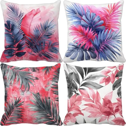 Fundas de Cojín 70X70 CM Juego de 4 Cojines Exterior Rosa Funda Cojin Exterior Hoja Cojines para Sofa de Lino Impermeables Cushion Covers para Jardín Patio Primavera Verano Decoración Regalos X-T