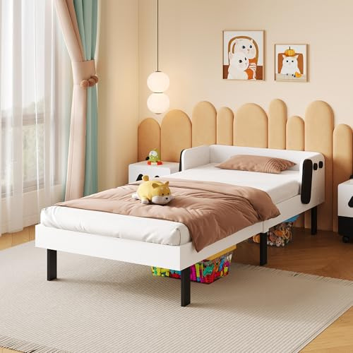 Henunem Kinderbett Einzelbett 90x200cm, Bett für Kinder 2-4 Jahre mit Lattenrost, Bettgestell mit Welpenmotiv aus Massivholz, Bett Weiß für Jungen und Mädchen