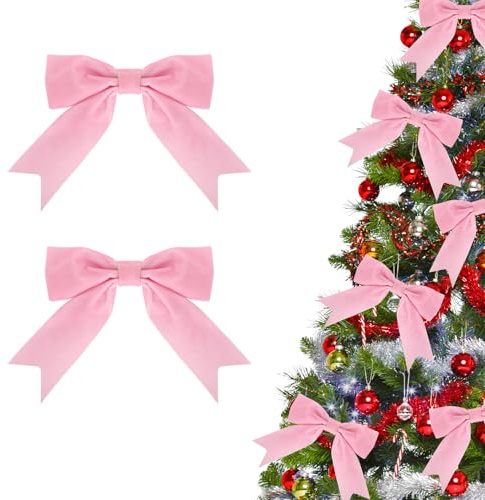 8PCS Pink Velvet Bows with Twist Ties, Christmas Tree Decorations Christmas Decorative Bows for Xmas Tree Garland Wreath Gift Wrapping Decoration (Pink)