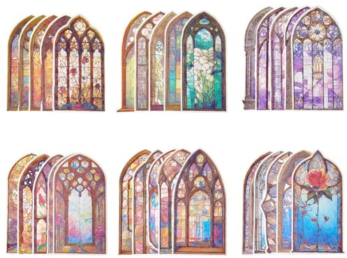 DICOSMETIC 60 Stück 6 Stile Fensterrahmen Aufkleber Kleine Vintage Buntglasfenster Aufkleber wasserdichte Buntglas Scrapbook Sticker PET Selbstklebende Sticker für Planer Journaling Album Dekor