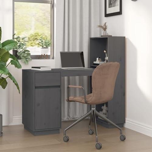 Scrivania grigia 110 x 53 x 117 cm, legno massello di pino, Computer Desk con scaffale, Home Office Desk per studio, Gaming Desk
