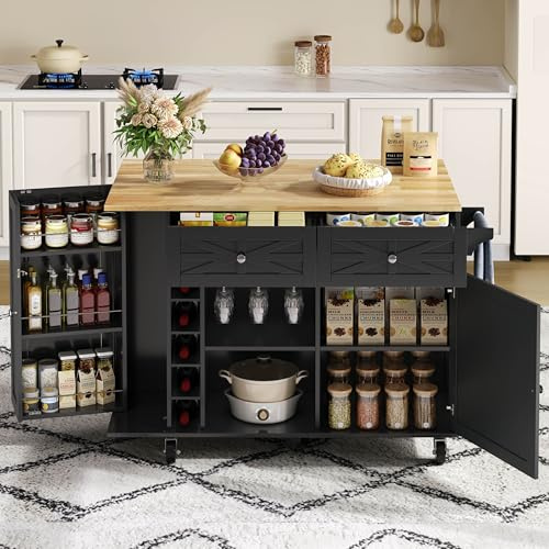 ModernLuxe Kücheninsel Küchenwagen auf Rollen,Servierwagen Küche,Rollwagen Küche - klappbarer Arbeitsplatte,Türregal, Weinregal & Glashalter,Stauraum, Schwarz, 120×45(70)×89 cm