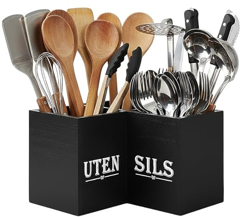 Porte Ustensiles Cuisine Extra Large, 24x24x16cm, Pot a Rangement Ustensile Organiseur Cuisine en Bois avec 3 Compartiments, pour 30 à 40 Ustensiles, Decoration Comptoir, Fourchettes et Cuillères