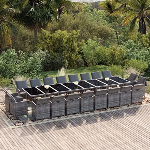 Mandloder 21-TLG. Garten-Essgruppe Poly Rattan Grau, 443x107cm Tisch, 20 Stühle mit Kissen, klappbare Rückenlehnen, Outdoor Möbel Set für Terrasse Balkon