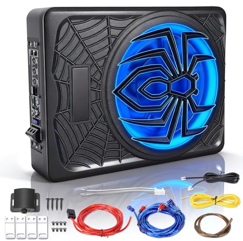 WODHMIEY Subwoofer auto attivo sotto il sedile, 10 pollici, 1250 W, ultra piatto, altoparlante con amplificatore per auto, sistema audio per auto, camion, SUV RGB, ultra sottile, alta frequenza
