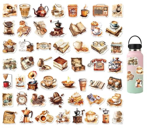 YIPFEN 50 Stück Vintage Lesesticker Kaffee-Thema Aufkleber, wasserfest Vinyl, für DIY Journal, Scrapbook, Fotoalbum, Laptop, Wasserflasche, Skateboard