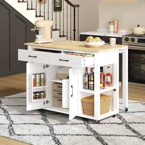 Goldicoo Isla de cocina extensible con barra de bar y enchufes, 120 cm, color blanco y natural, MDF, 2 cajones, 2 puertas de armario, 120 x 77 x 93 cm