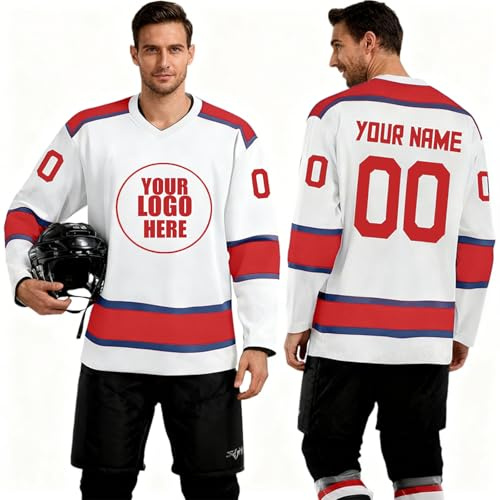 Generisch Personalisiertes Eishockey-Trikot mit individuellem Namen, Nummer & Teamlogo – Langarmshirt für Herren, Jugend & Familie – Personalisiertes Eishockeyshirt als Geschenk für Jungen