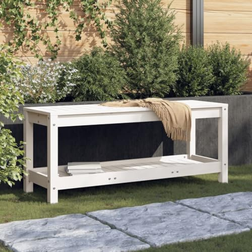 GeenYuu Gartenbank Weiß aus massivem Kiefernholz 108x35x45 cm mit Ablage, Sitzbank für Terrasse Balkon Garten, stabile Holzbank mit Latten-Design und Stauraum für Außenbereich