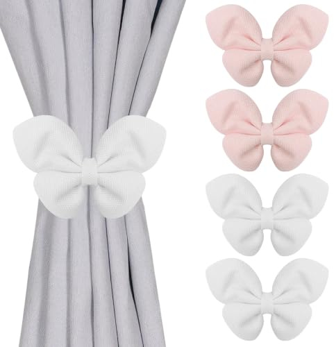 4 Stück Vorhang Raffhalter Magnetisch Raffhalter für Vorhänge Weiß Rosa | ohne Bohren Schleife Gardinenhalter Vorhanghalter Kinderzimmer Gardinen Raffhalter für Home Büro Gardinen Deko