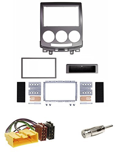 Einbauset : Autoradio Doppel-DIN 2-DIN Blende Einbaurahmen Radioblende silber + ISO Radio Adapter Kabel Adapterkabel + Antennenadapter für Mazda 5 (CR) 06/2005 - 09/2010