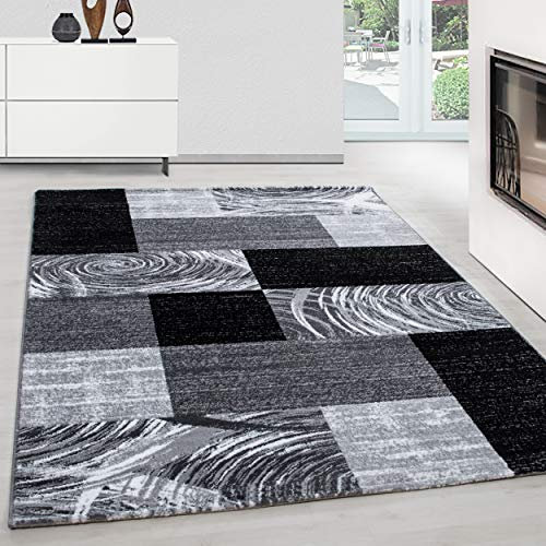 Teppium Moderner Kurzflor Teppich Läufer Flur 80 x 150 cm Schwarz - Teppich Waschbar, Abstrakt Kariert Design, Pflegeleicht und Weich - Ideal als Bettvorleger im Schlafzimmer und Küchenläufer