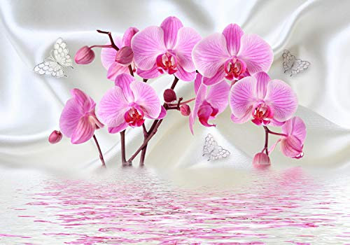 wandmotiv24 Fototapete Orchideen Schmetterlinge wasser Seide, XXL 400 x 280 cm - 8 Teile, Wanddeko, Wandbild, Wandtapete, Blumen Reflektiert Stofftuch M4661