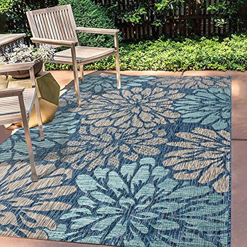 JONATHAN Y Zinnia Moderne Florale strukturierte Weave Innen-/Außenanlage Area Rugs, Polypropylen (PP), 240 X 300 cm, Navy/Aqua