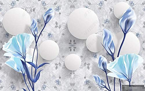 Papier Peint Panoramique Boule Ronde Motif Floral Bleu Papier Peint Intissé 3D Tapisserie Poster Murale Décoration Chambre Salon -LIWALLPAPER- 300cmx210cm