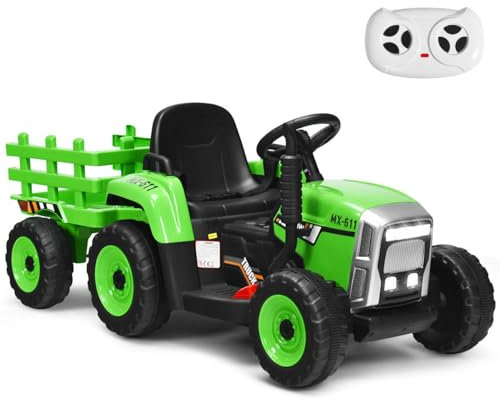 GYMAX Kids Electric Tractor with Detachable Trailer, Remote Control, LED Lights, Music, Horn, USB & Bluetooth, 12V Battery Powered Ride on Car for 3 Years Old + Boys Girls (Green)