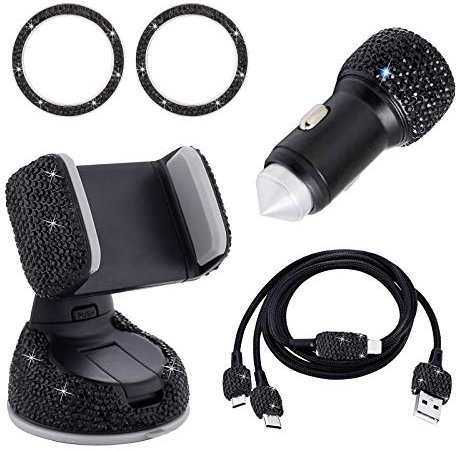 Accessoire Voiture Interieur Decoration Femme Et Girly Bling, Comprend Chargeur Voiture Allume Cigare USB, Support Téléphone Voiture, Cable Micro USB Charge Rapide 1m Etc, 5 Pièces (Noir)