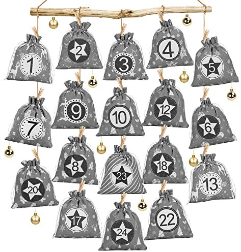 Stoff Adventskalender Grau, Adventskalender zum Befüllen Stoff xxl, Säckchen Adventskalender Groß, 24 Grau Stoffsäckchen Selber Basteln 16X14cm, Weihnachtskalender Geschenksäckchen 2024 Männer Junge