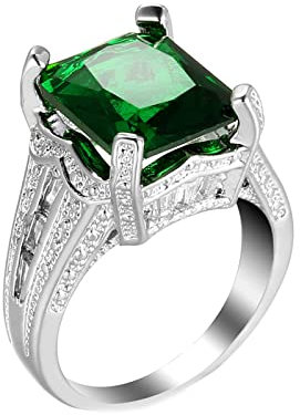 Dsnyu Bernstein Ringe für Damen, Rechteckig Grün Zirkonia Vier Zinken Solitär Siegelring Damen mit Stein Silber 54 (17.2)