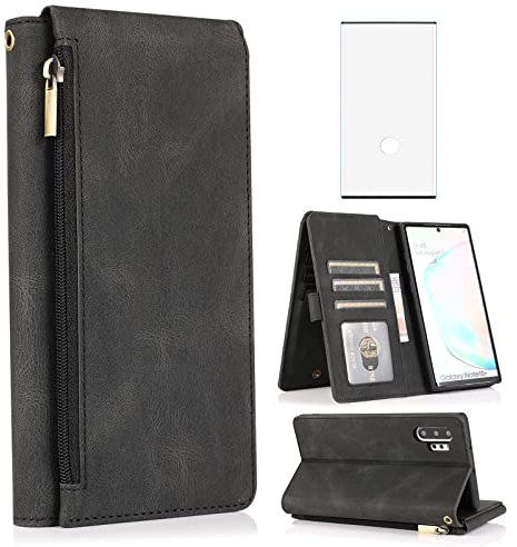Compatible with Samsung Galaxy Note 10 Plus Glaxay Note10+ 5G Wallet Case Tempered Glass Screen Protector Zipper Flip Cover Card Holder Stand for Gaxaly Note10 + Notes 10+ Ten Not S10 10Plus Black