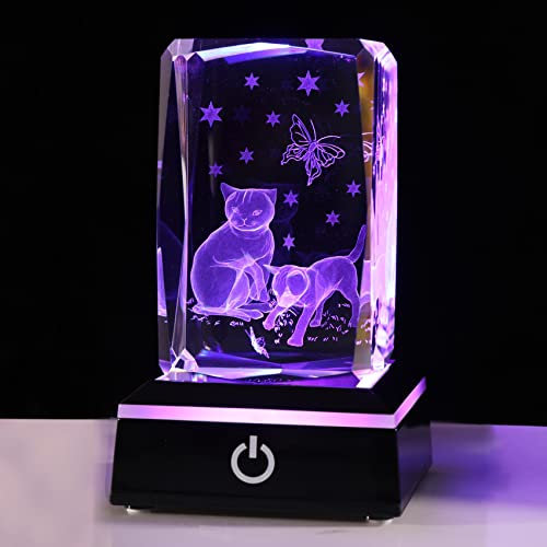 Ornalrist 3D Cute Cats and Butterflies Figurines Cat Themed Gifts for Cat Lovers Women Men Crystal Glass Keepsake Ornaments with Colorful LED Light, Cat Gifts for Friends on Birthday, Christmas
