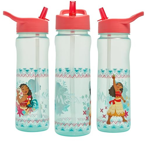 Disney Moana Water Bottle Flip Up Straw 600ml – Official Disney Merchandise Kids Reusable Non Spill - BPA Free - Recyclable Plastic - Ideal For School Nursery Sports Picnic - Turquoise & Pink