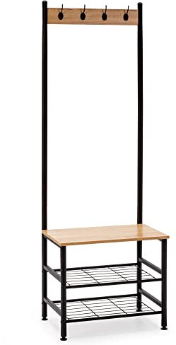 HOMN LIVING Kleiderständer mit Schuhschrank Lisa mit Bank 2 Ablagen, Eiche/Schwarz, 60 cm (Breite) 40 cm (Tiefe) 175 cm (Höhe)