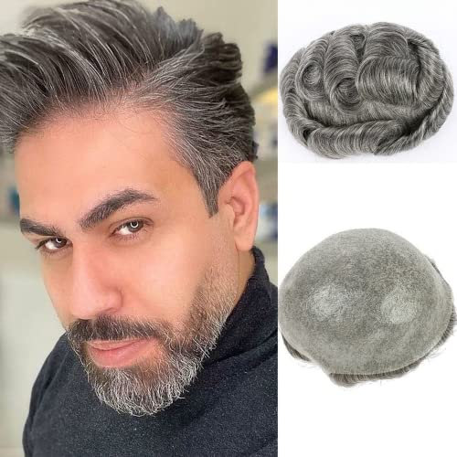 Haarteil für Herren, 0,08 mm, ultradünnes Haarsystem, V-Schlaufen, graues Haar, 0,04 mm dick, 0,04 mm dick, Schwarz mit 60 % grauem Haar, Grau