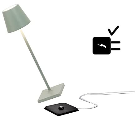 Zafferano Poldina Pro Micro Kabellose LED-Tischlampe Wiederaufladbar 2200-2700-3000K, IP65 Innen/Außeneinsatz, Lange Lebensdauer, Aluminium, H27.5cm mit Mehrfach-USB-Ladegerät (EU/UK/US) - Salbei