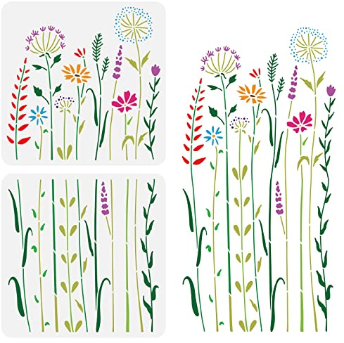 BENECREAT Lot de 2 pochoirs en forme de fleurs sauvages - 30,5 x 30,5 cm de haut - Pour scrapbooking, meubles de sol, art mural