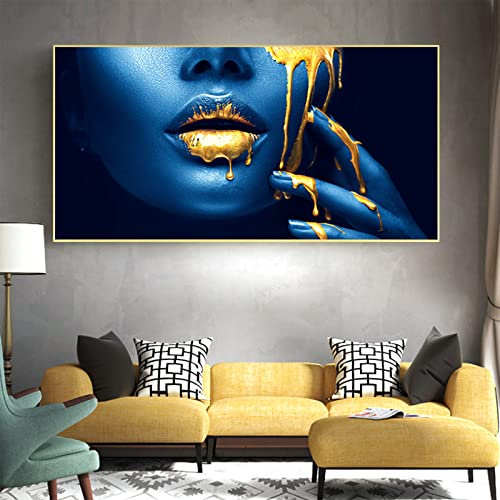 HMDKHI Frau in Gold,Top-Model,Goldene Rose,Gold Lippen Blaue Frau Wand-Bilder,Moderne Wand Gold Collection Dekoration,Rahmenlos (80 x 160 cm,Blau+Gold)