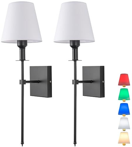 Aiehnid Battery Operated Wall Lights Set of 2,with Color Temperature Dimmable Remote Control,Battery Powered Non Hardwired Wall Lamp,for Bedroom Farmhouse Bedside Reading Light (Black)