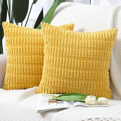 Madizz 2er Set Boho Gestreifte Kissenbezüge Weicher Kordsamt Dekorativer Kissenbezug für Sofa Schlafzimmer Kissenhülle Gelb 65 x 65 cm