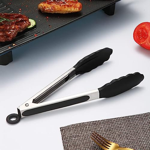 Black Kitchen Tongs, Premium Silicone BPA Free Non-Stick Stainless Steel BBQ Cooking,BBQ Grilling, Buffet Serving (9)