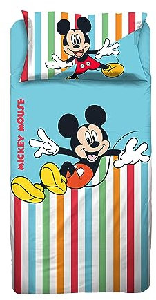 Mickey Mouse Mickey Mouse, Einzelbett-Bettlaken, Spannbettlaken, Kissenbezug, Blau, Disney, 100% Baumwolle, offizielles Produkt