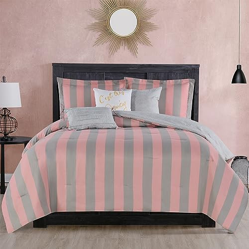 Juicy Couture Cabana Stripe Wende-Bettwäsche-Set – Twin/Twin XL Größe – Rosa und Grau gestreift – 5-teiliges Set – beinhaltet 1 Bettdecke 66 x 90 cm, 3 dekorative Kissen, 1 Kissenbezug