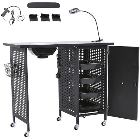 Mobile Manicure Nail Table, Professional Nail Station with Electric Nail Dust Collector, Adjustable LED Lamp, Wrist Cushion and 4 Removable Drawers,Beauty Salon Workstation Manicure Nail Desk, Black