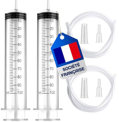 Seringue 100ml - Seringue Plastique (Lot de 2) - Seringue a Huile - Seringue en Plastique Réutilisable Avec Tuyau de 1m (seringue à huile)