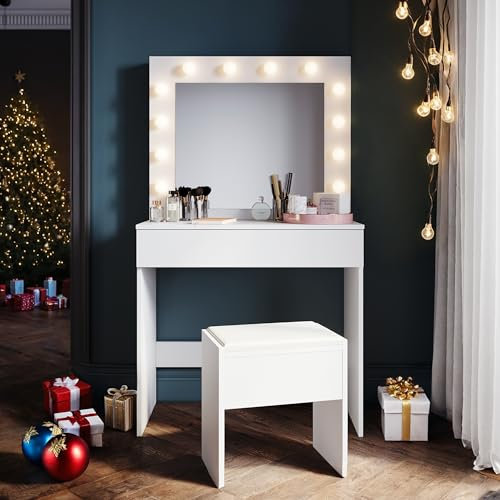 SONNI Toeletta Trucco Comò con Specchio Sgabello, Vanità da Camera da Letto con Cassetti, tavolo trucco con 12 Lampadine LED Dimmerabili a Luminosità Regolabile, Facile da Assemblare, Bianco
