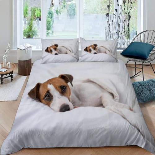 NYSMGS Bettwäsche-Sets 155x220 3 Teilig Jack Russell Terrier 3D Motiv Kinder Teenager Hund Haustier Mikrofaser Atmungsaktive Sommer Erwachsene Bettbezug mit Reißverschluss und 2 Kissenbezüge 80x80cm