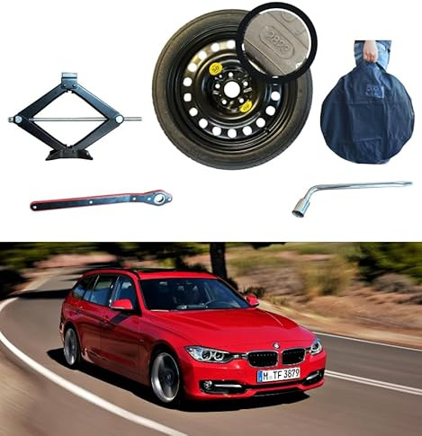 Notrad-satz 17 Zoll kompatibel mit BMW 3er Touring E91 mit Wagenheber, Schlüssel und Tasche (2005-2012)