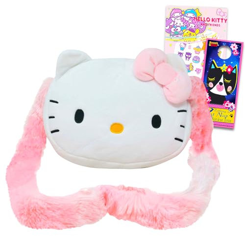 Hello Kitty Conjunto de bolso de felpa para niñas, paquete de regalo Hello Kitty con peluches con correas más tatuajes y más | Bolso cruzado Hello Kitty para niñas