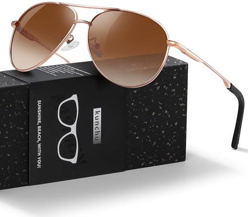 kunchu Sonnenbrille Herren Damen Polarisierte Unisex UV400-Schutz Klassische Ultraleichte Fahren Angeln Laufen Outdoor Schwarze Fliegerbrille Vintage Fahrerbrille Rosentee