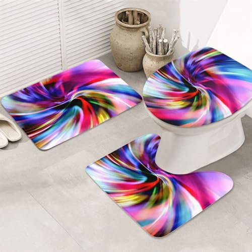 AUBKFELD Badvorleger-Set, bunt, Batikdruck, Flanell, rutschfest, 3-teiliges Badezimmerteppich-Set, Badematte, Konturmatte, WC-Sitzbezug, J561B2451