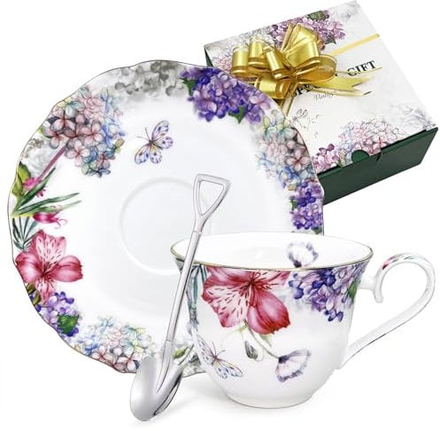 TEVLAUXO Tea Cups and Saucers Set,Fine Bone China,Porcelain Coffee Cup,Vintage Floral Flower Pattern,with Gold Trim,Spoon,Handle,Antiqued Ceramic,Espresso Drink,for Women Gift box,Tea Party