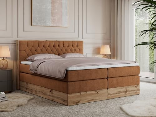 MKS MEBLE King Boxspringbett 200x200 Mit Bettkasten Eiche, Polsterbett Mit Matratze H3, Kopfteil, Holzrahmen in Wotan Eiche - Orange Struktur - Amore King