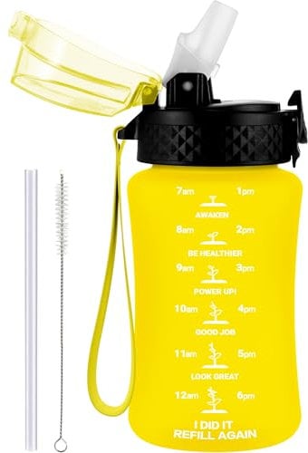 GOPPUS 350ml/12oz Kids Water Bottle With Straw Tritan Drinks Bottle with Strap Small Toddler Juice Bottles with Flip Top Lid Leakproof Children's Bottles with Time Marking Spillproof BPA free Girl Boy