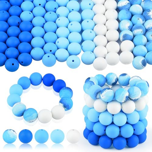 ASTARON 100 Stück 15 mm Silikonperlen zur Schlüsselanhängerherstellung, weiß-blaue Silikonperlen, runde Perlen in großen Mengen für Armbänder, Stifte, Basteln, Schmuckherstellung